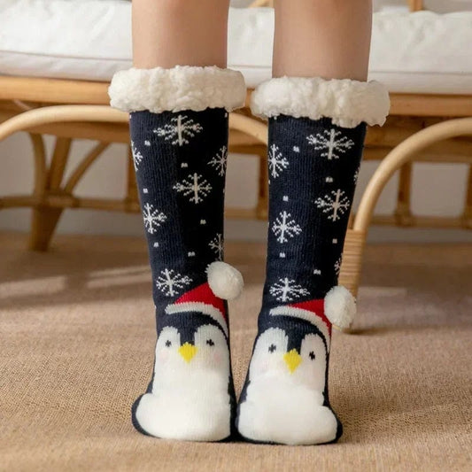 chaussettes chaussons antidérapantes femme Navy blue penguin / One Size